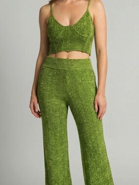 Green Knit Crop Top and Matching Knit Flare Bottom Pants Set
